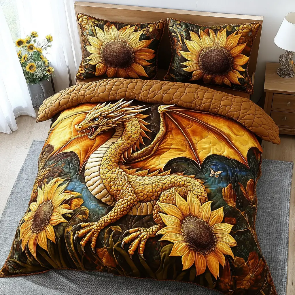 Golden Sunflower Dragon Quilted Bedding Set Premium Comforter Set for Restful Nights
