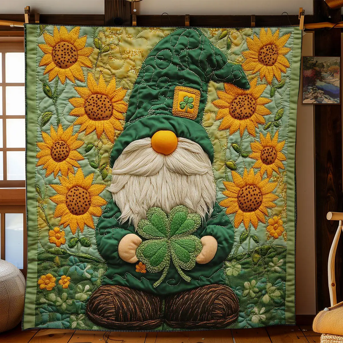 Golden Sunflower Gnome Quilted Blanket St Patrick's Day Celebration Gnome Lover Gift Ideas