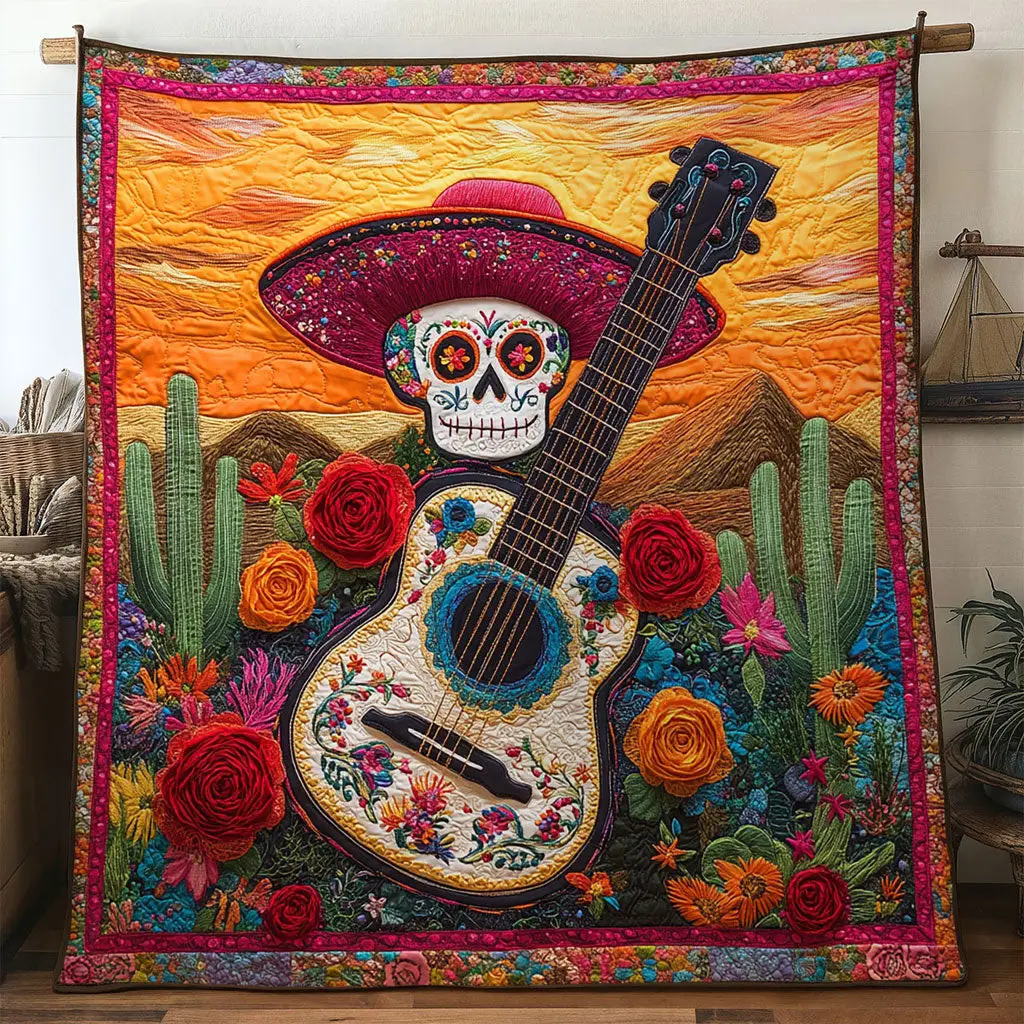 Golden Sunset Guitar Quilt Luxury Quilt Blanket for Elegant Home Decor