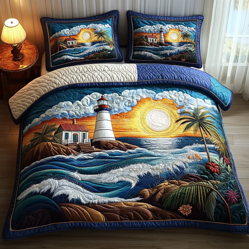 Golden Surf Quilted Bedding Set Special Home Gift Idea for Comfortable Living