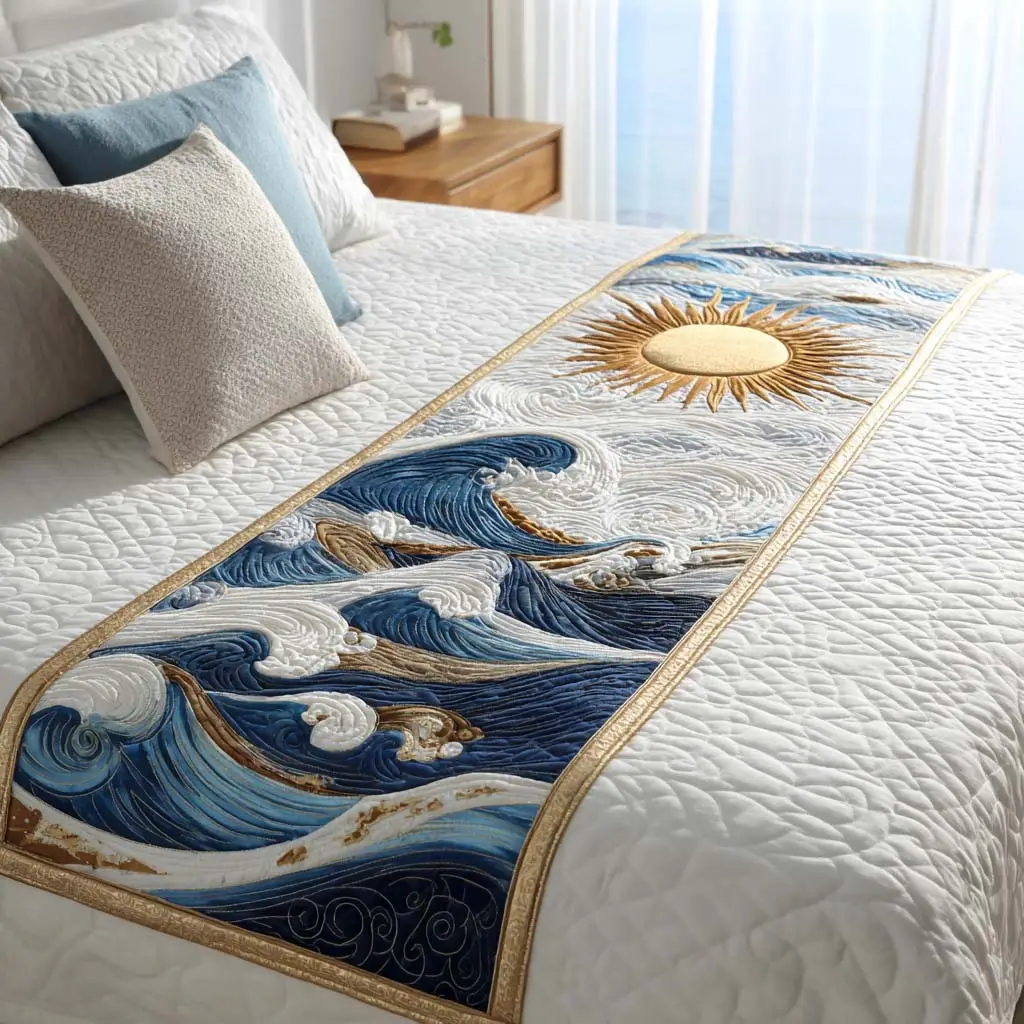 Golden Waves Quilted Bed Runner Warm Gold Waves Anniversary Gift for Wife