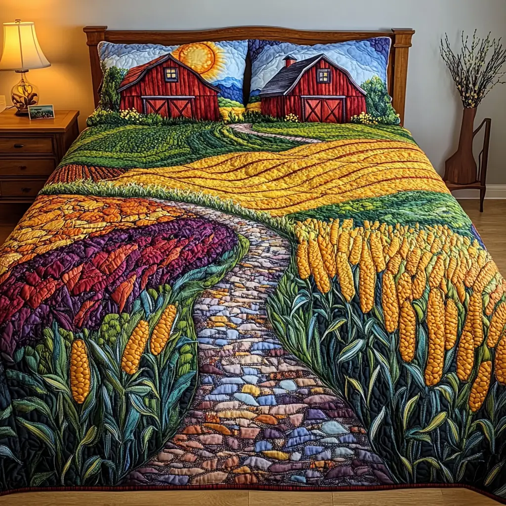 Golden Wheat Fields Quilted Bedding Set Farmhouse Bed Decor Family Presents