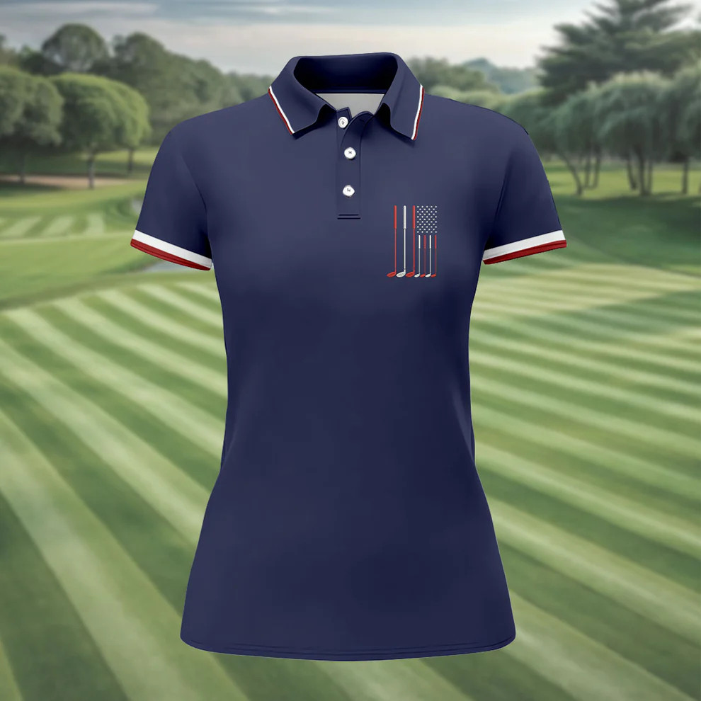 Golf Clubs America Flag Logo 250th Anniversary Navy Golf Shirt Women's Golf Tops