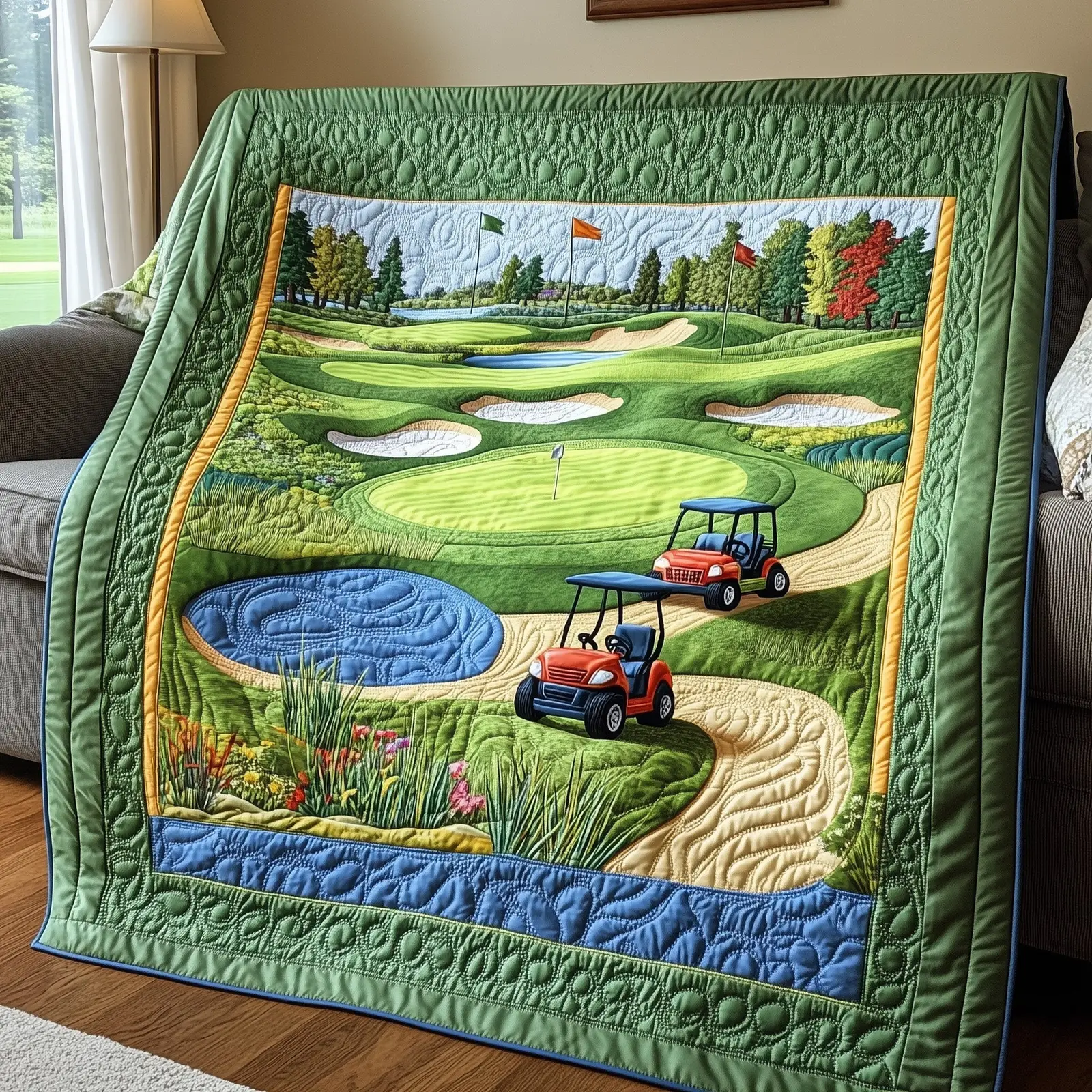 Golf Course Quilted Blanket Beautiful Fairway Art Quilt Top Gifts For A Golfer