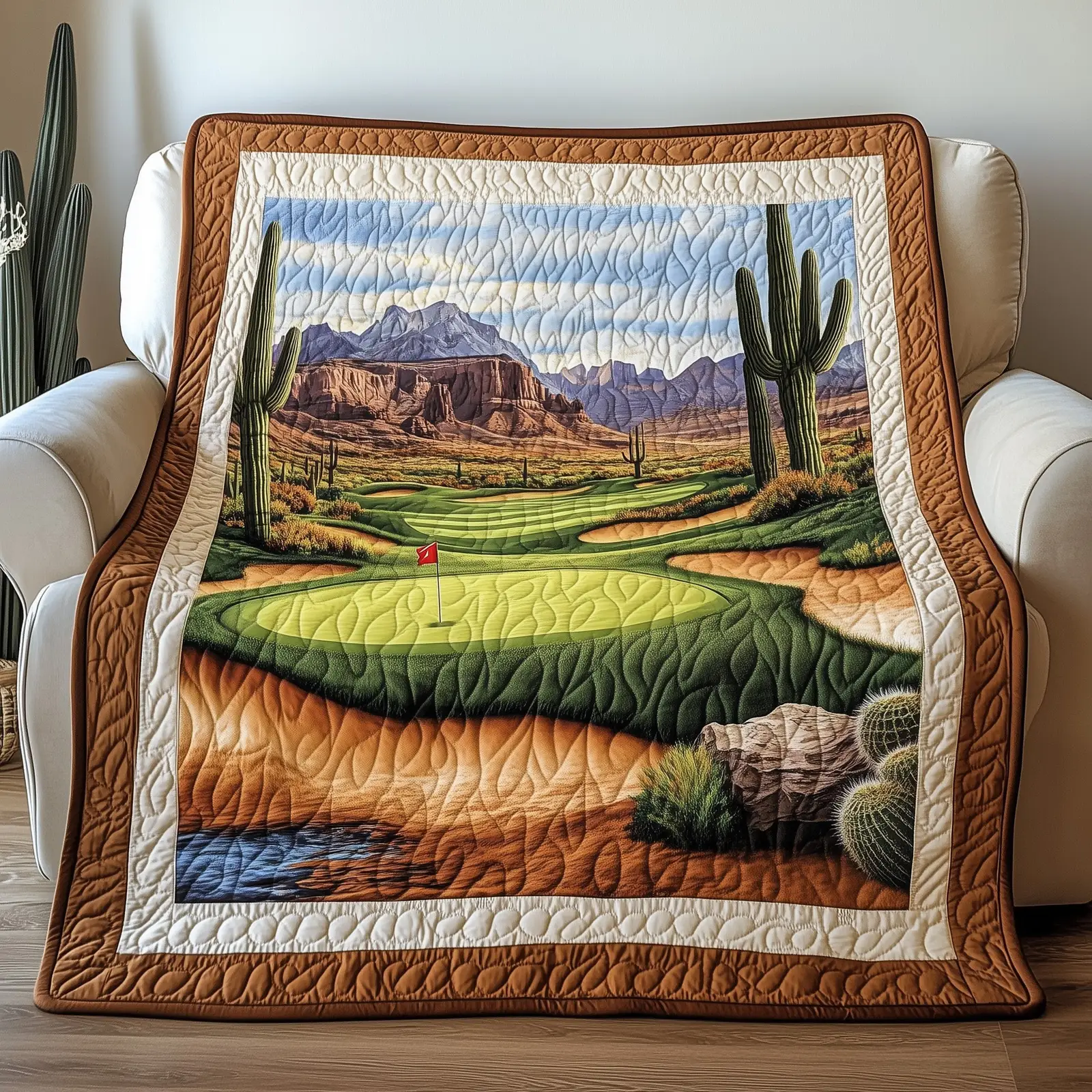 Golfer Dreams Quilted Blanket Southwestern Cactus and Mountain Scene Presents For Golfers