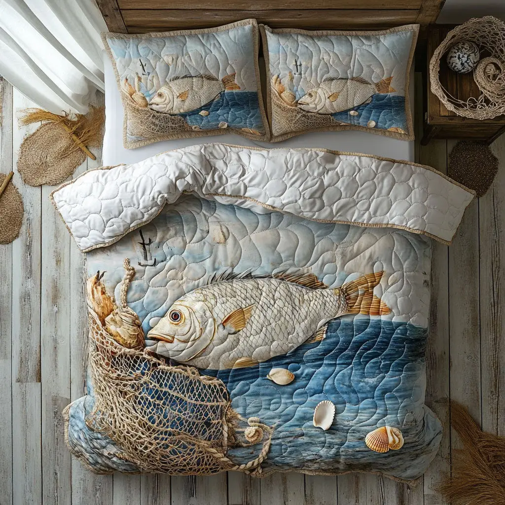 Gone Fishing Quilted Bedding Set Duvet Cover Bedspread Present Ideas For Her Gone Fishing Quilted Bedding Set Duvet Cover Bedspread Present Ideas For Her - Image 1