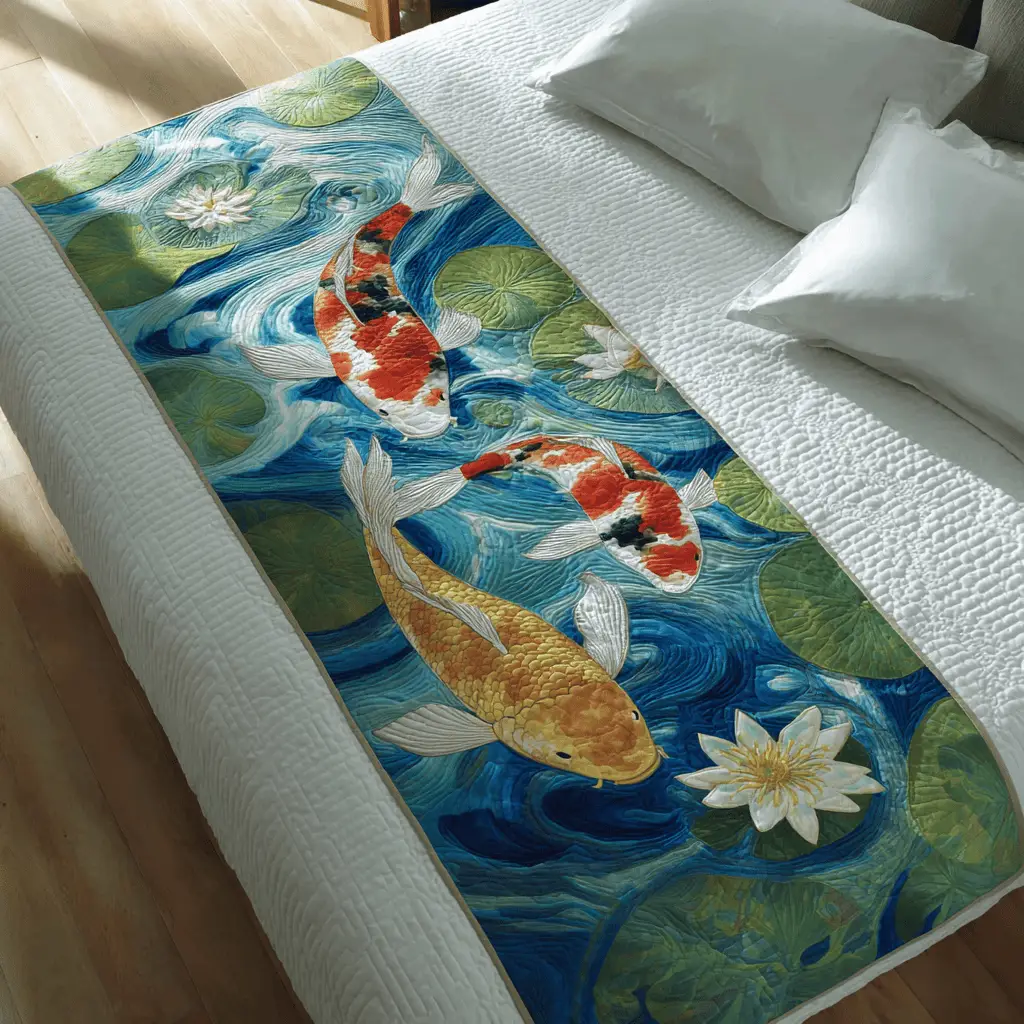 Graceful Koi Quilted Bed Runner Graceful Koi Design Calming Home Gift