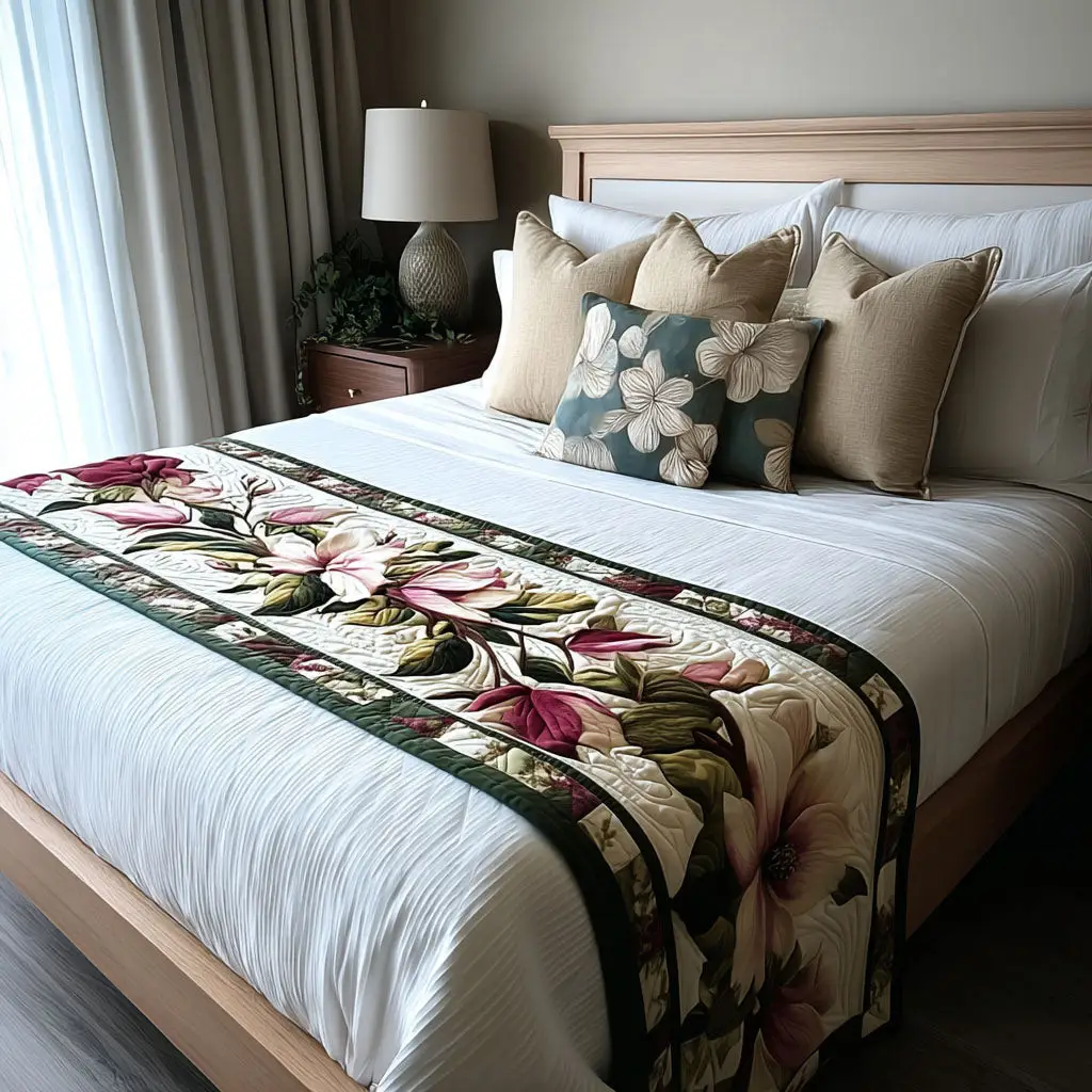 Graceful Magnolia Bouquet Quilted Bed Runner Magnolia Bouquet Gift for Floral Lovers