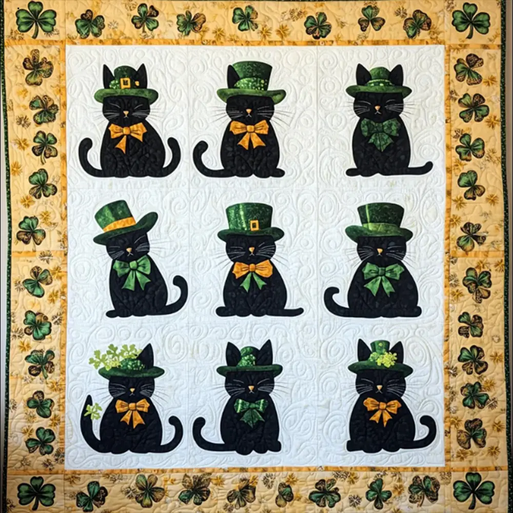 Green Bow Cat With Lucky Hat Patrick's Day Quilt Blanket Best Idea Gift For Irish