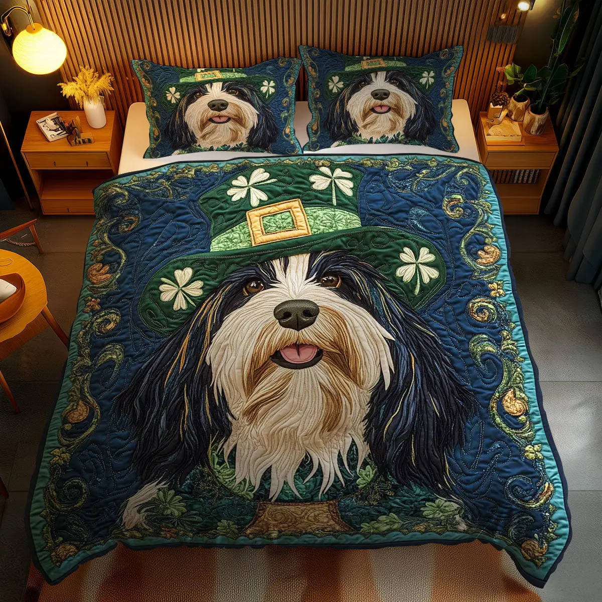 Green Charm Bearded Collie Quilted Bedding Set Home Decor St Pats Gifts For Dog Lovers