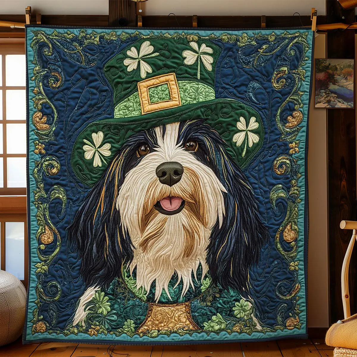 Green Charm Bearded Collie Quilted Blanket Dog Themed Bedroom Design St Patrick's Day Gifts