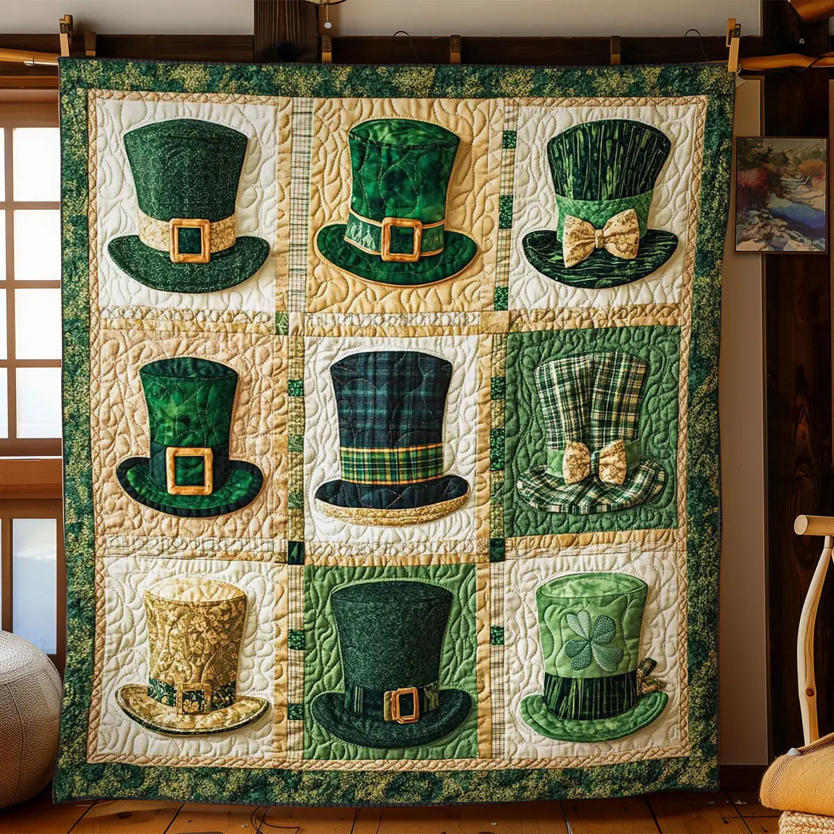 Green Clover Hat Quilted Blanket Modern Home Decor St Pats Gifts For Friends Green Clover Hat Quilted Blanket Modern Home Decor St Pats Gifts For Friends - Image 1
