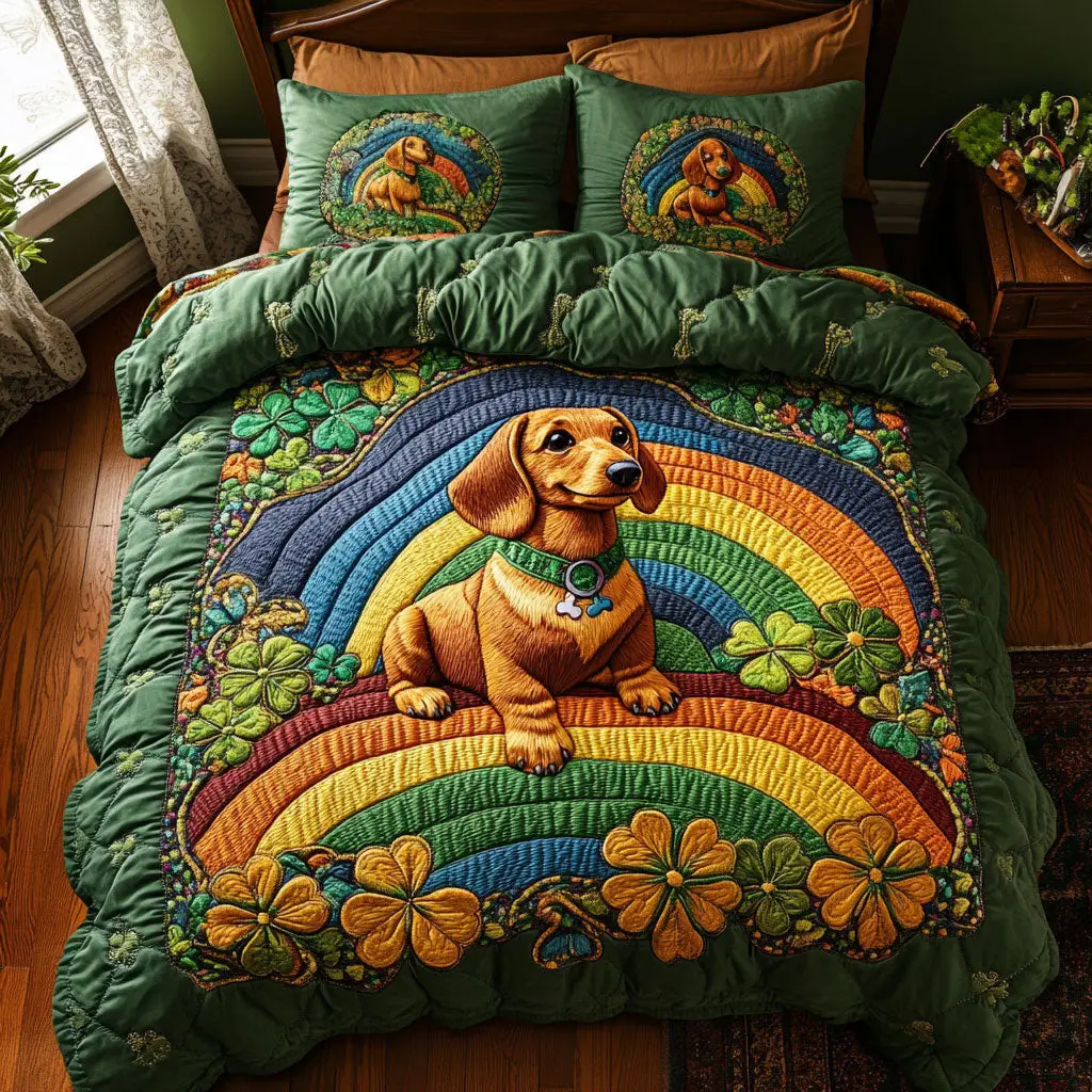 Green Dachshund Quilted Bedding Set Home Decor St Pats Gifts For Dachshund Lovers Green Dachshund Quilted Bedding Set Home Decor St Pats Gifts For Dachshund Lovers - Image 1