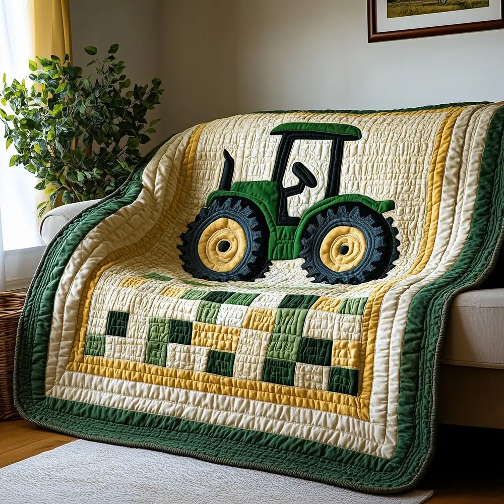 Green Farm Tractor Quilted Blanket Country Life Graphic Art Cozy Throw Best Gift For Farmers And Kids Green Farm Tractor Quilted Blanket Country Life Graphic Art Cozy Throw Best Gift For Farmers And Kids - Image 1