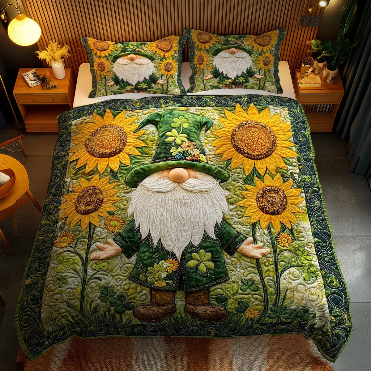 Green Gnome Glow Quilted Bedding Set Bedroom Decor St Patrick Gifts For Grandma