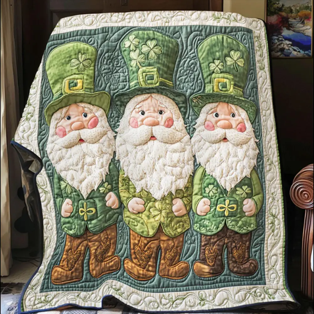 Green Gnome Hat Clovers Patrick's Day Quilt Blanket Best Gift For Irish