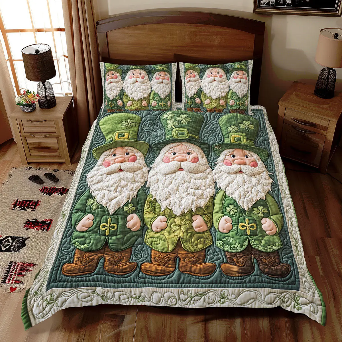 Green Gnome Quilted Bedding Set Cozy Home Decor St Patty's Day Gift For Brother