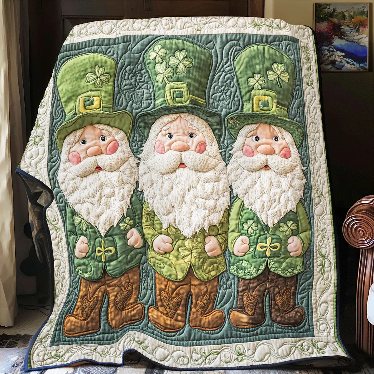 Green Gnome Quilted Blanket Cozy Living Decor St Patricks Day Gifts For Boyfriend