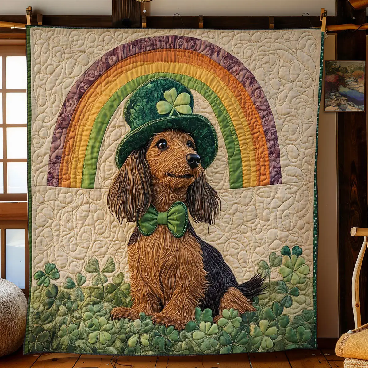 Green Hat Dachshund Quilted Blanket Aesthetic Home Decor St Patrick's Day Gifts For Brother