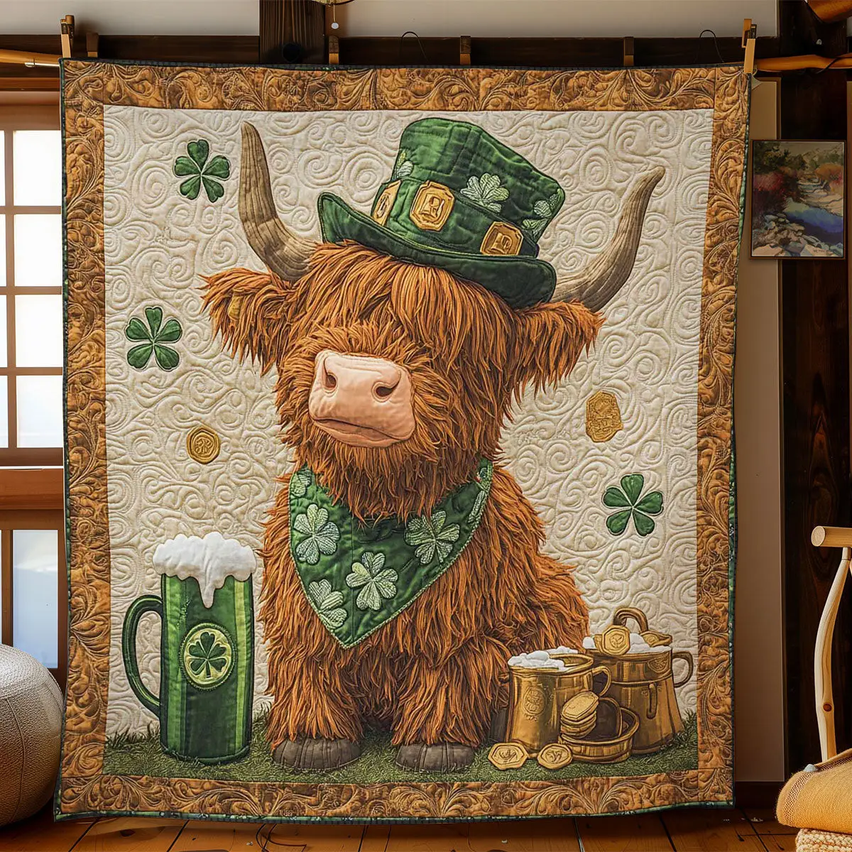 Green Highland Cow Charm Quilted Blanket Bedding Accessories St Patrick's Gifts For Grandma