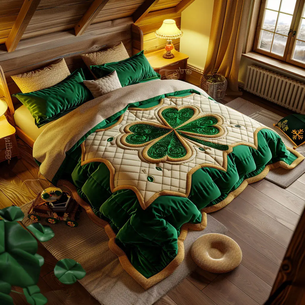Green Lucky Quilted Bedding Set Home Decor St Patricks Day Gifts For Girlfriend