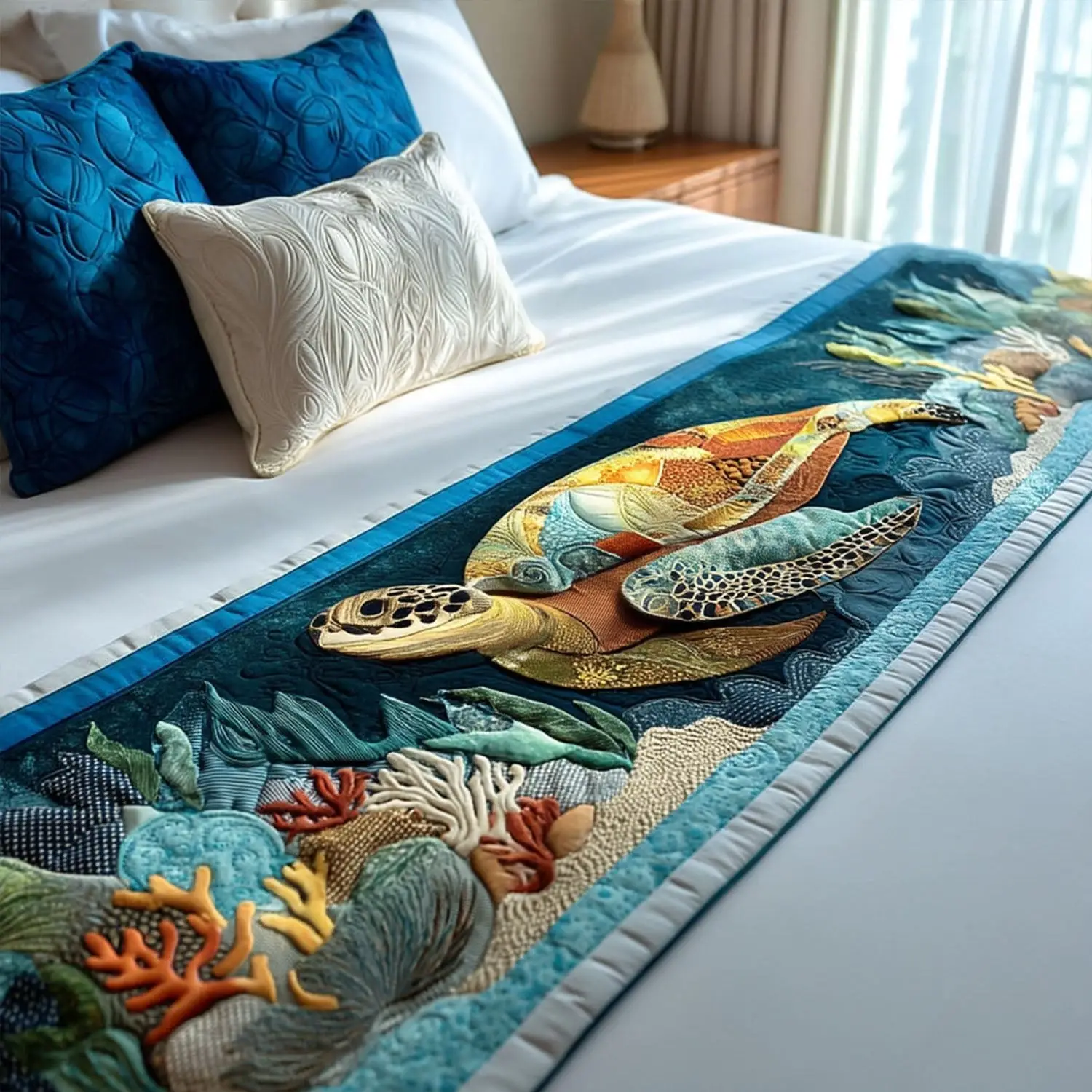 Green Sea Traveler Quilted Bed Runner Sea Adventure Look Gift for Daughter