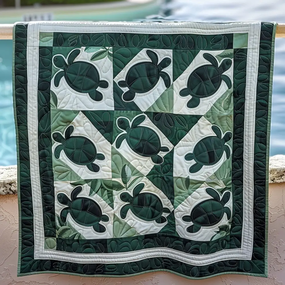 Green Sea Turtle Tile Quilted Blanket Ocean Reptile Art Throw Best Gift For Turtle Lover Coastal Decor