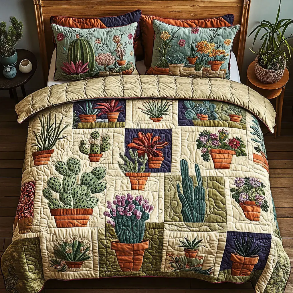 Greenhouse Whimsy Quilted Bedding Set Bed Decorations Gifts For Cactus Lovers Greenhouse Whimsy Quilted Bedding Set Bed Decorations Gifts For Cactus Lovers - Image 1