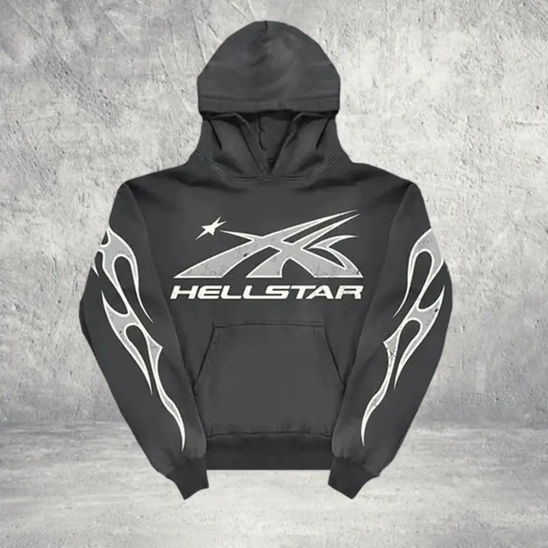 Grey Hellstar Hoodie Flame Graphic Hoodie Streetwear Unisex Apparel For Men Women