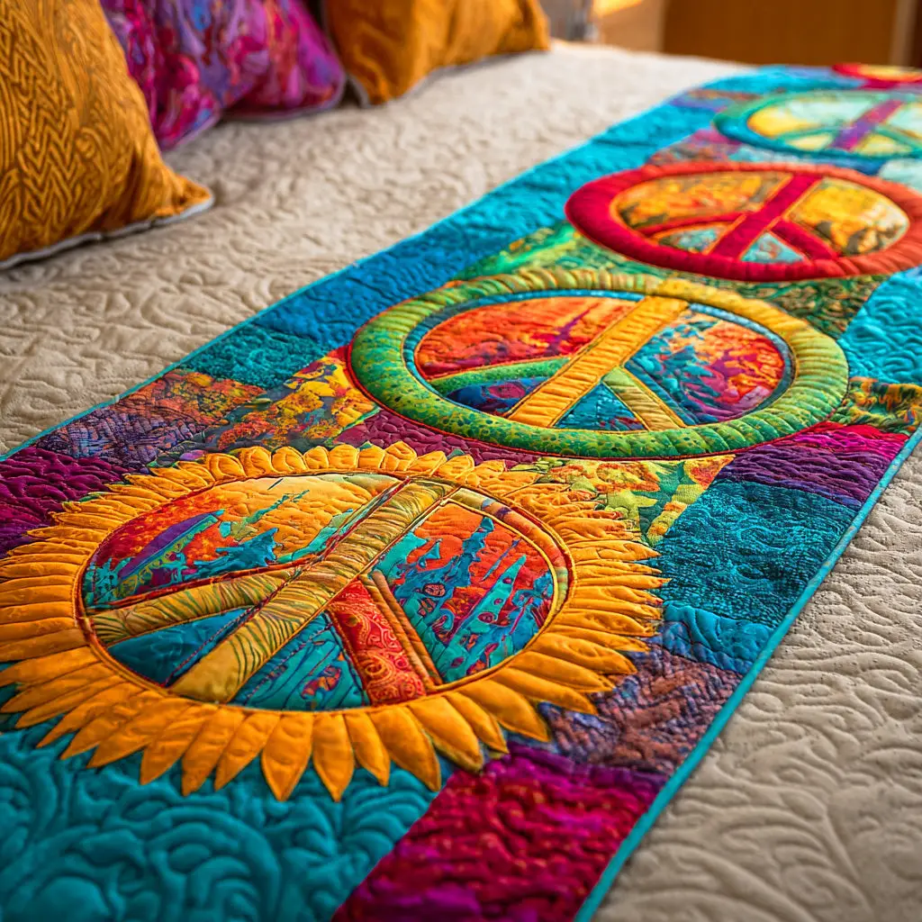 Groovy Bloom Quilted Bed Runner Groovy Flower Bloom Retro Home Gift