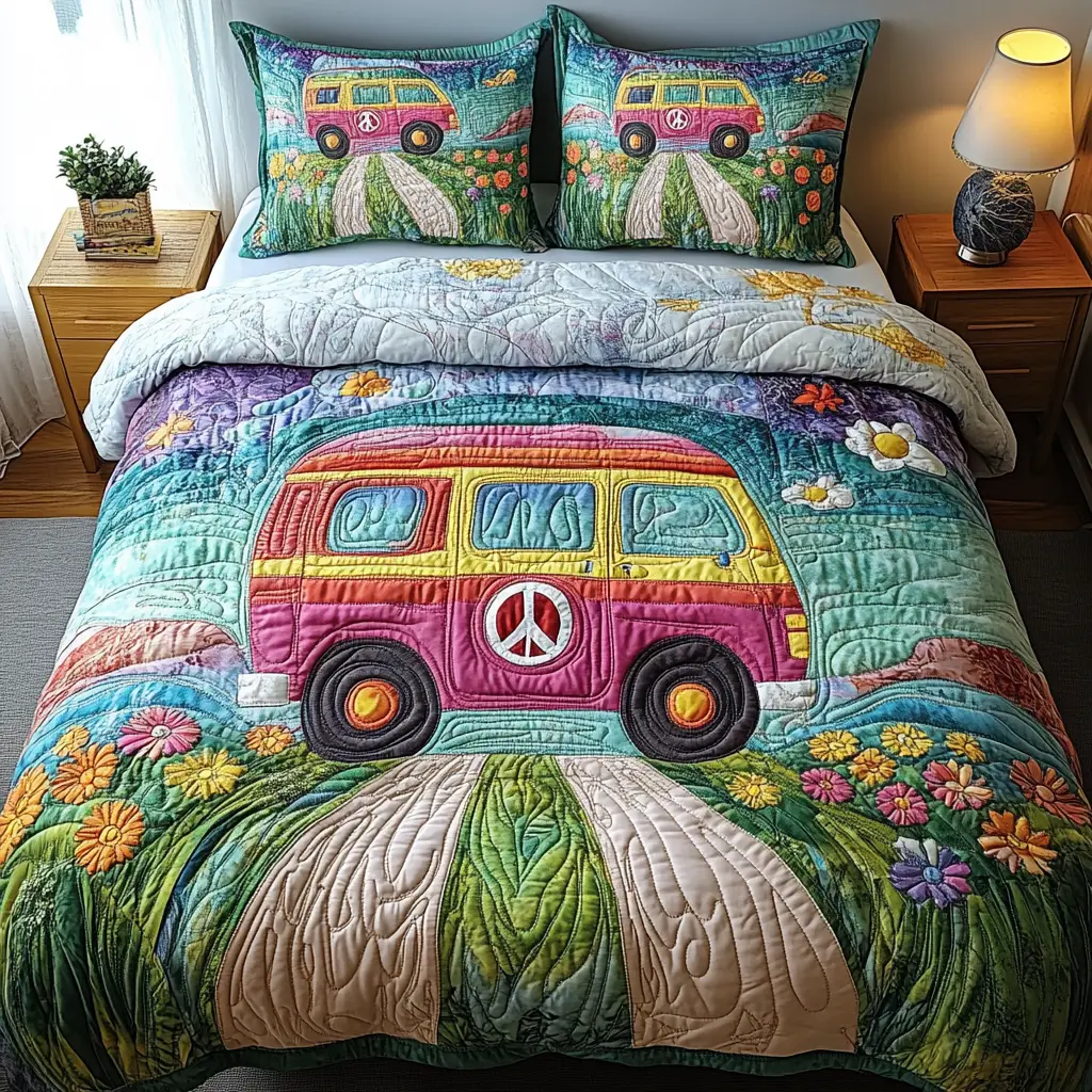 Groovy Getaway Quilted Bedding Set Bed Decor Gifts For Hippie Mom Groovy Getaway Quilted Bedding Set Bed Decor Gifts For Hippie Mom - Image 1