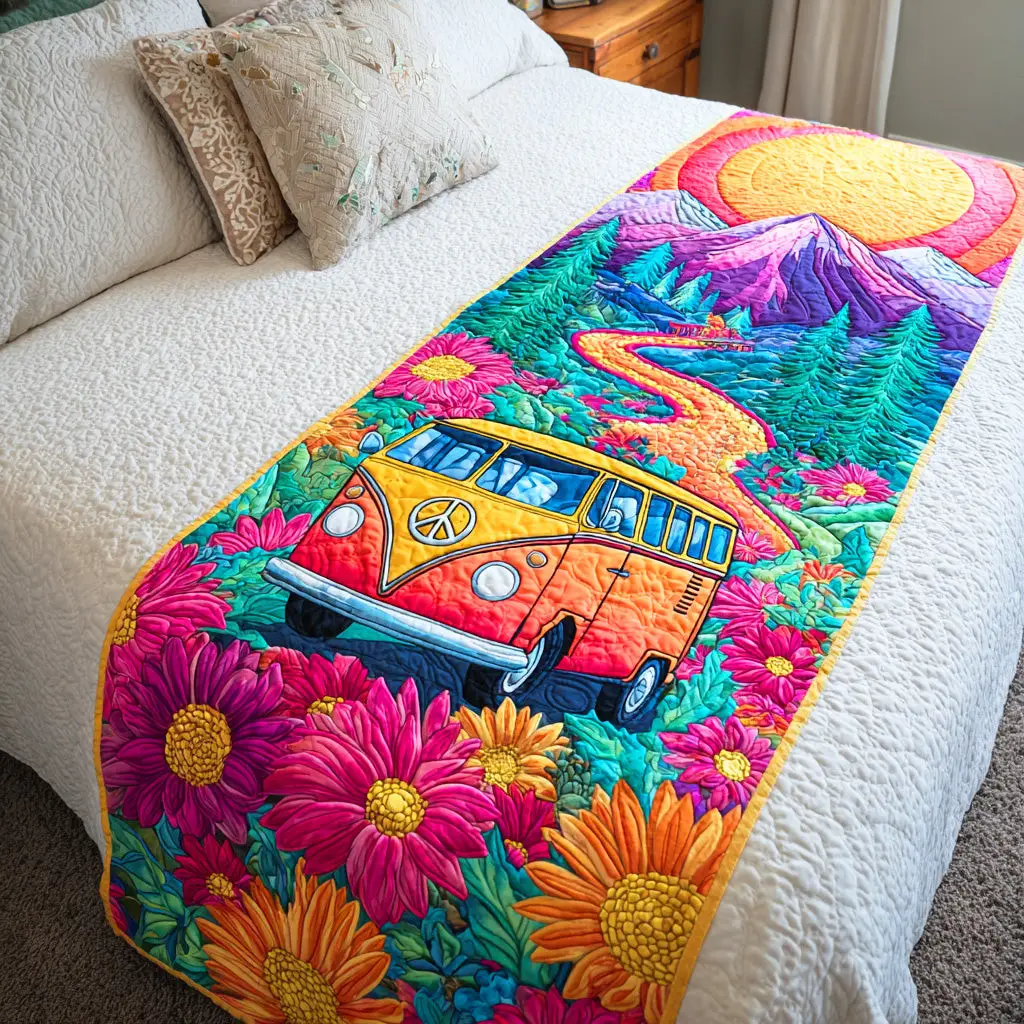 Groovy Truck Trail Quilted Bed Runner Groovy Truck Journey Retro Gift