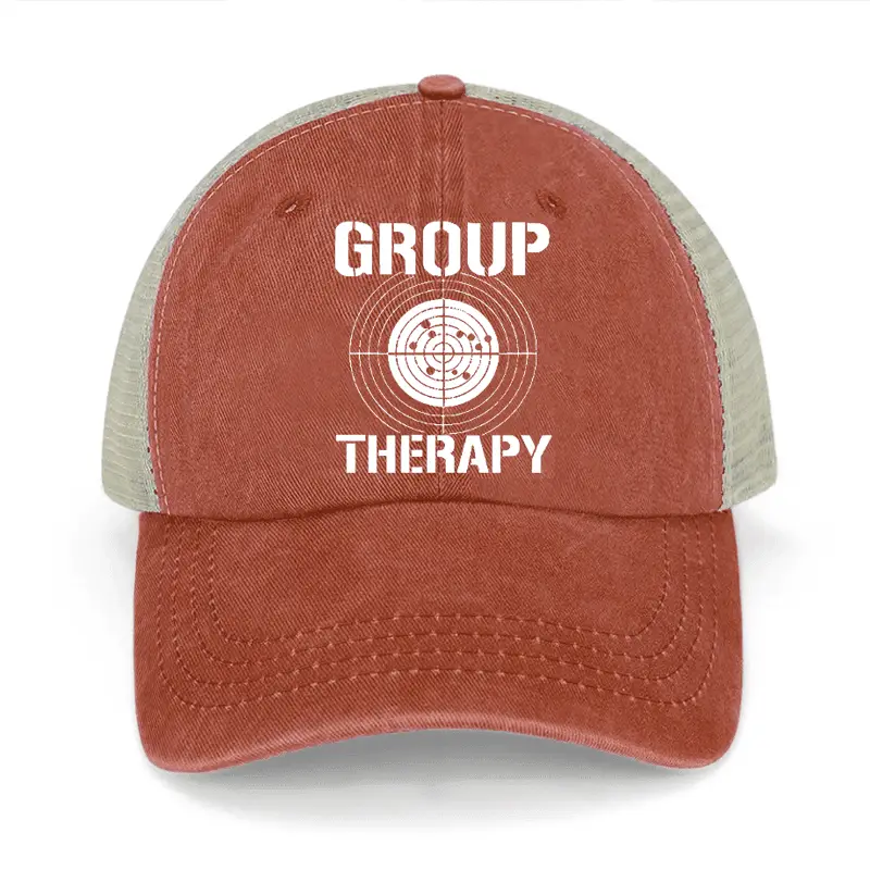 Group Therapy Washed Denim Mesh Back Cap Funny Graphic Tee for Men – Witty Saying T-Shirt