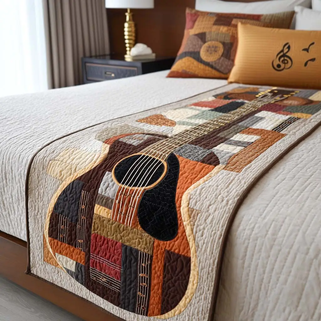 Guitar Glow Quilted Bed Runner Guitar Glow Artwork Music-Themed Gift