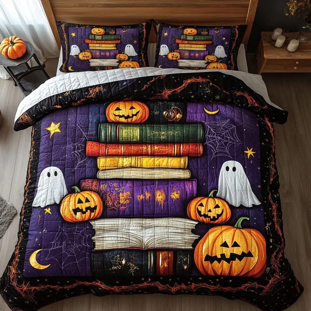 Halloween Book Stack Quilted Bedding Set Duvet Cover Bedspread Best Gifts Bedroom Decorative Halloween Book Stack Quilted Bedding Set Duvet Cover Bedspread Best Gifts Bedroom Decorative - Image 1