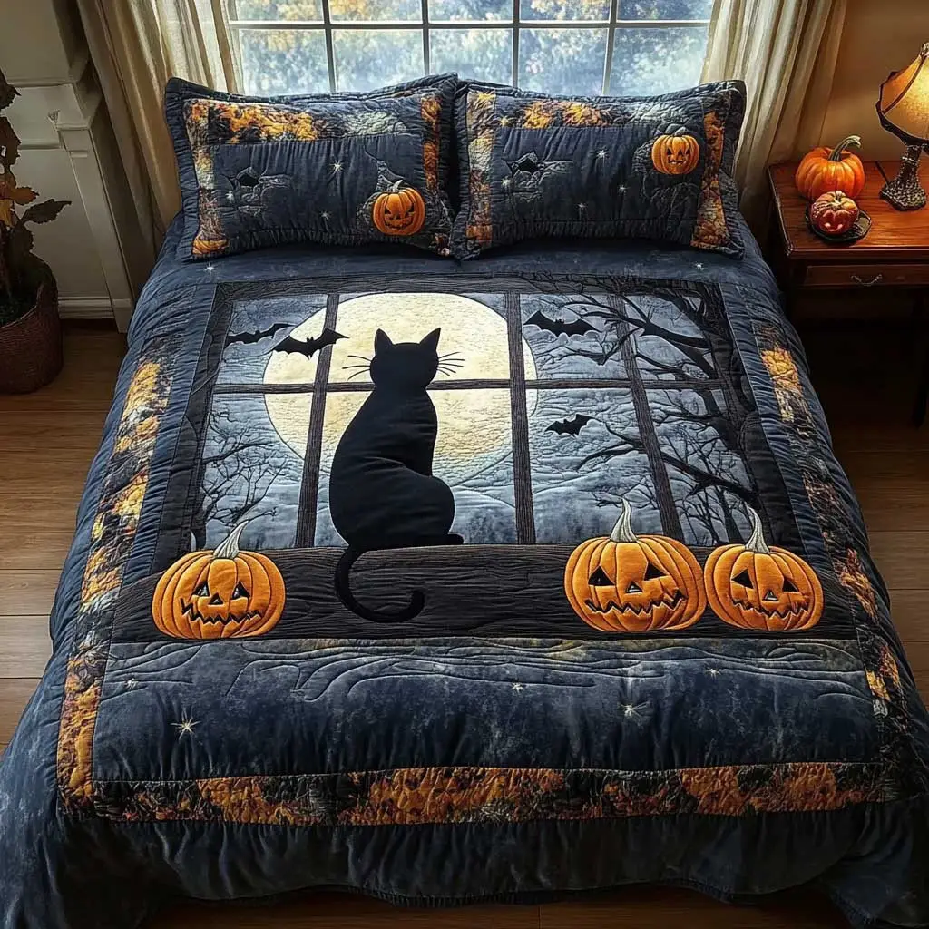 Halloween Cat Quilted Bedding Set Duvet Cover Bedspread Bedroom Decor Gifts For Husband