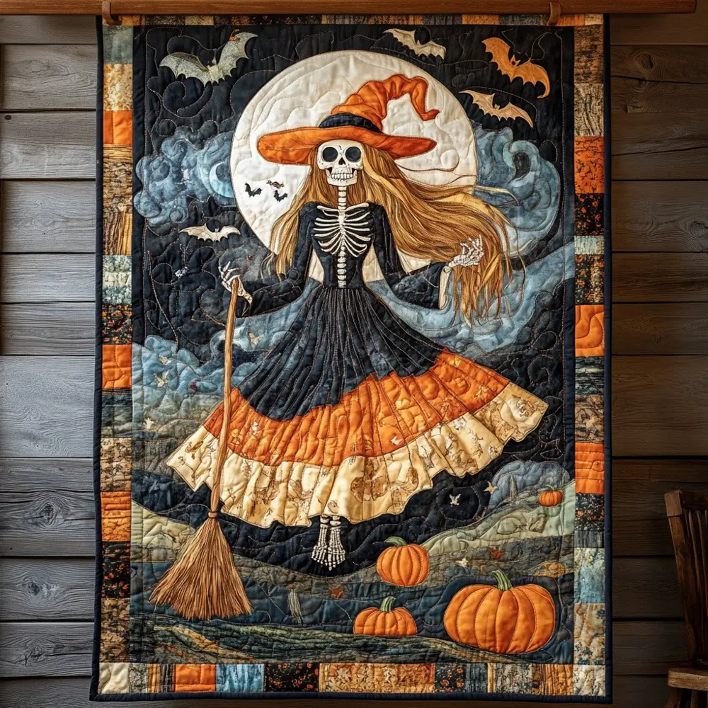 Halloween Skeleton Witch Quilted Blanket Spooky Pumpkin Art Cozy Throw Best Gift For Halloween Lovers