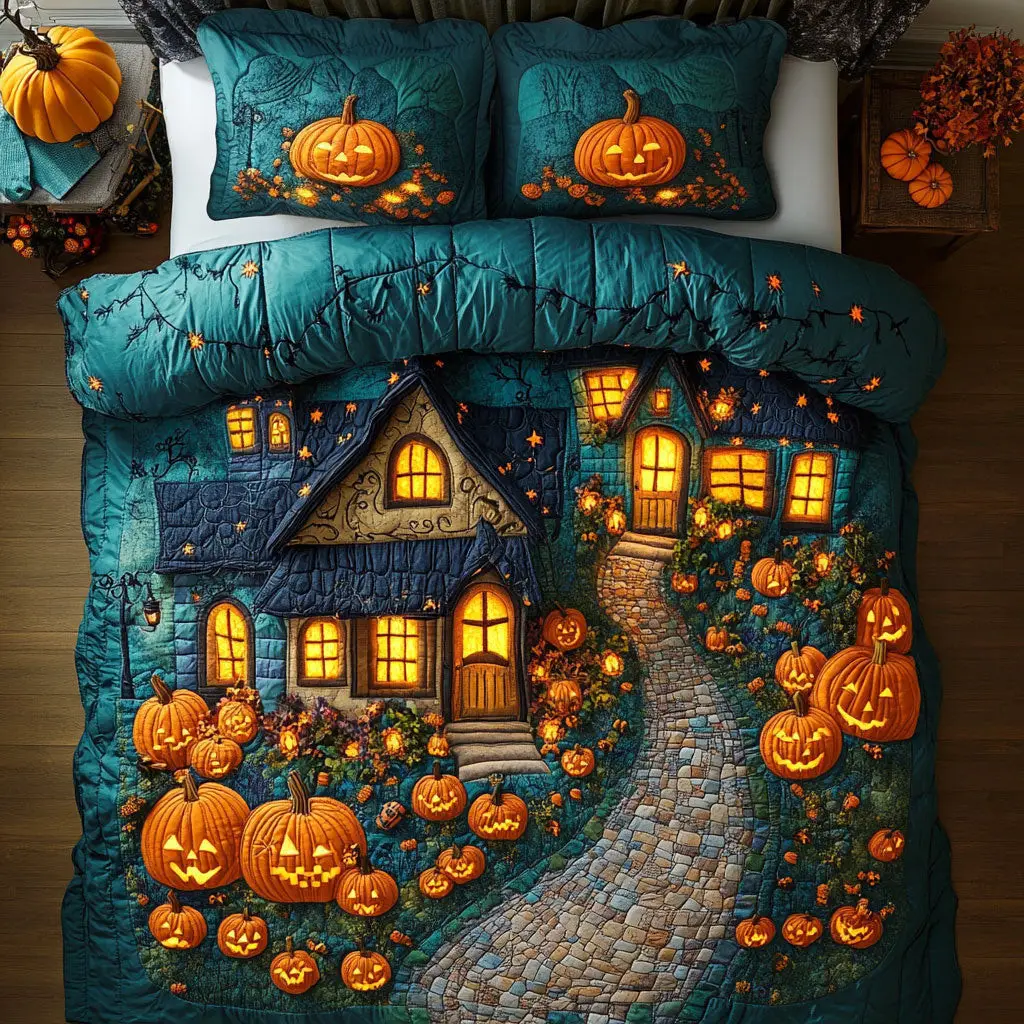 Halloween Village Quilted Bedding Set Duvet Cover Bedspread Best Gifts For Couples