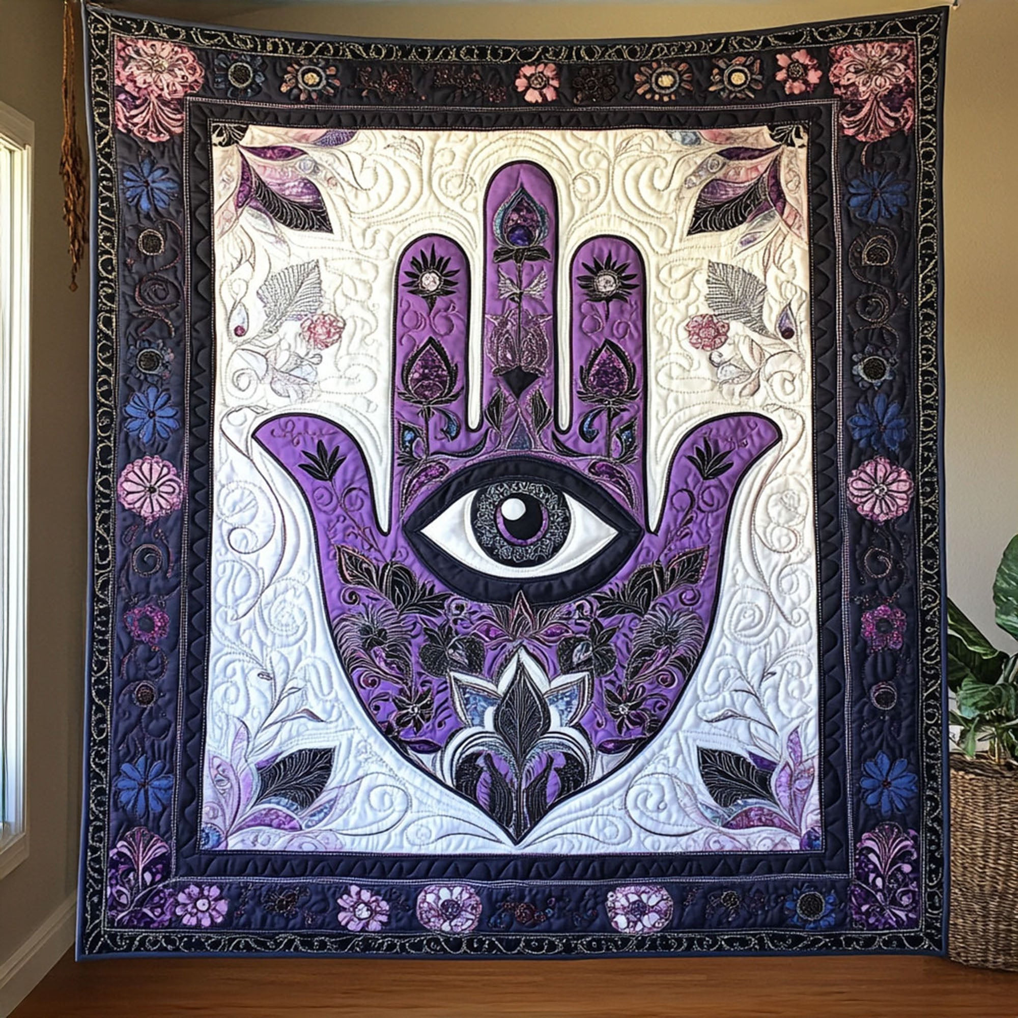 Hand of Tranquility Quilted Blanket Bed Room Decor Lotus Flower Themed Gifts Hand of Tranquility Quilted Blanket Bed Room Decor Lotus Flower Themed Gifts - Image 1