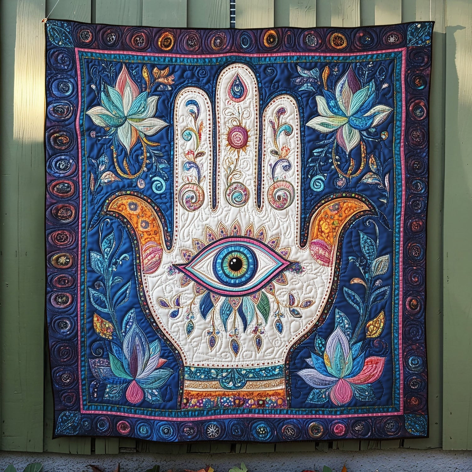 Hand of Wisdom Quilted Blanket Cute Throw Blanket Lotus Flower Themed Gifts