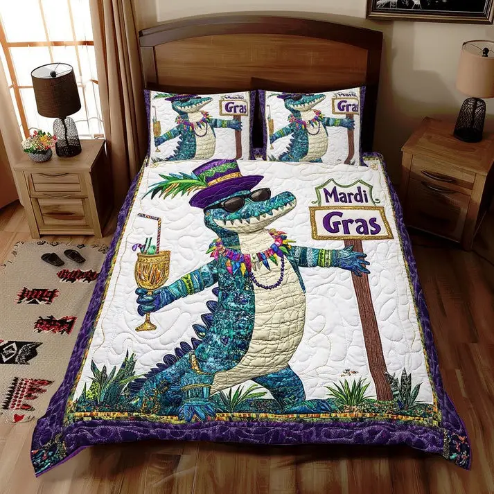 Happy Crocodile Quilted Bedding Holiday Duvet Cover Set Decoration Cool Gifts For Him