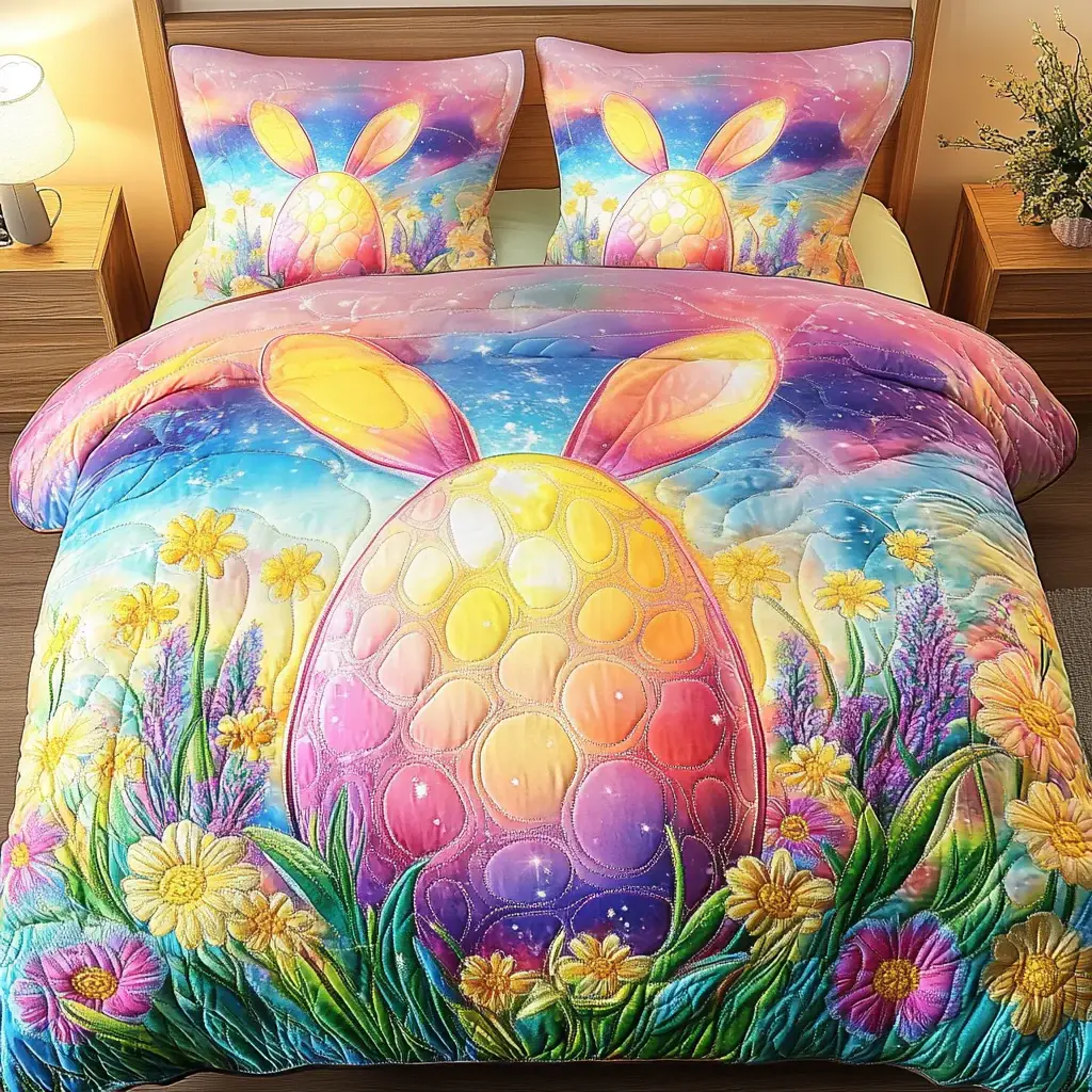 Happy Easter Day Quilted Bedding Sets Bunny Ear Egg Decor Easter Holiday Gift Items