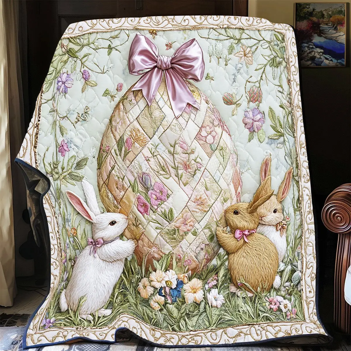 Happy Easter Quilted Blanket Holiday Bed Room Decoration Gifts Ideas Bunny For Him
