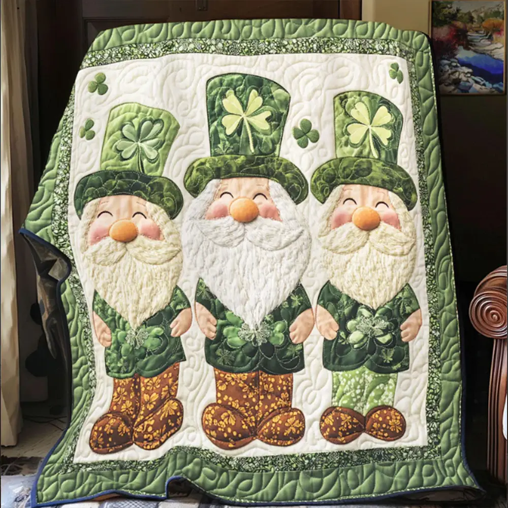 Happy Gnome With Clover Hat Patrick's Day Quilt Blanket Best Gift For Irish