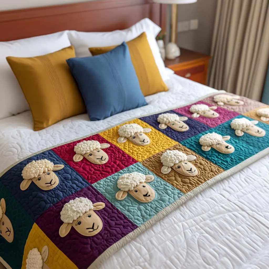 Happy Sheep Quilted Bed Runner Happy Sheep Pattern Christmas Home Gift Happy Sheep Quilted Bed Runner Happy Sheep Pattern Christmas Home Gift - Image 1