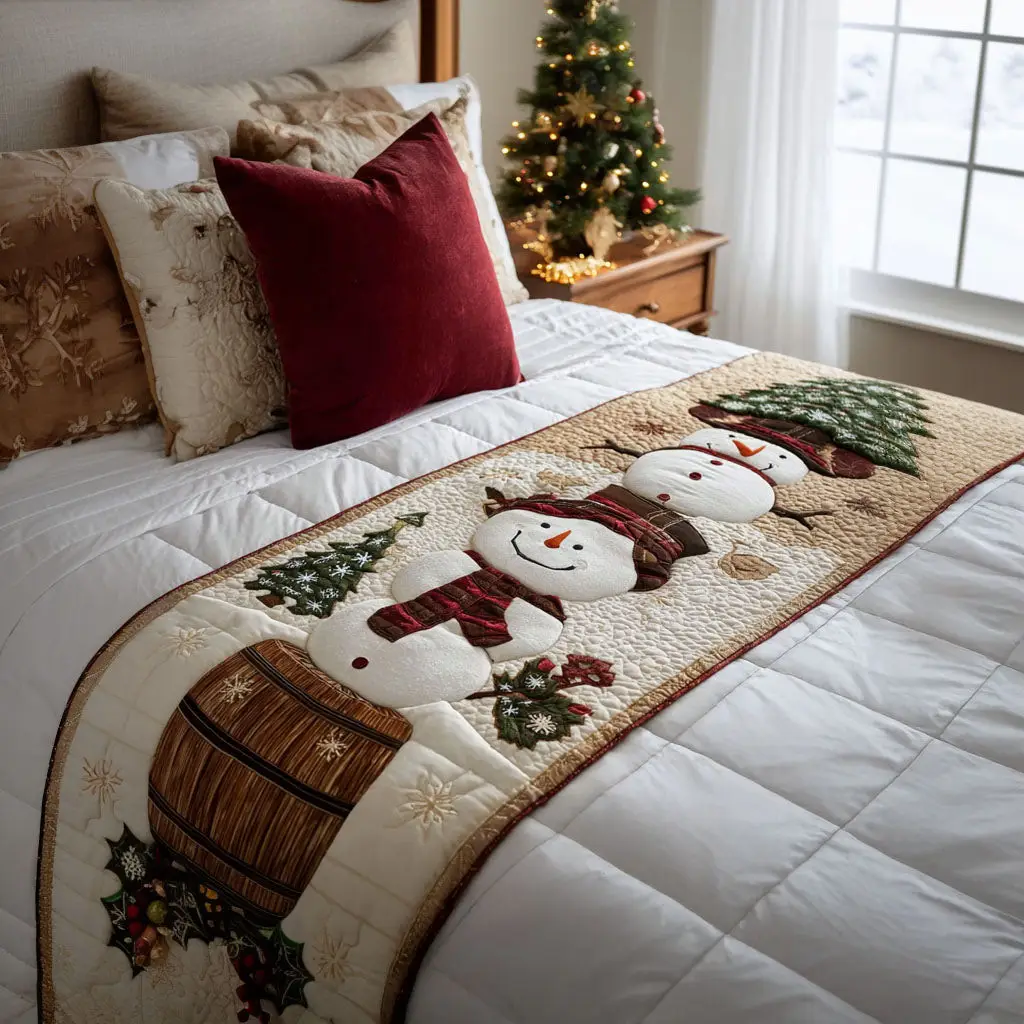 Happy Snowmen Quilted Bed Runner Happy Snowmen Winter Gift