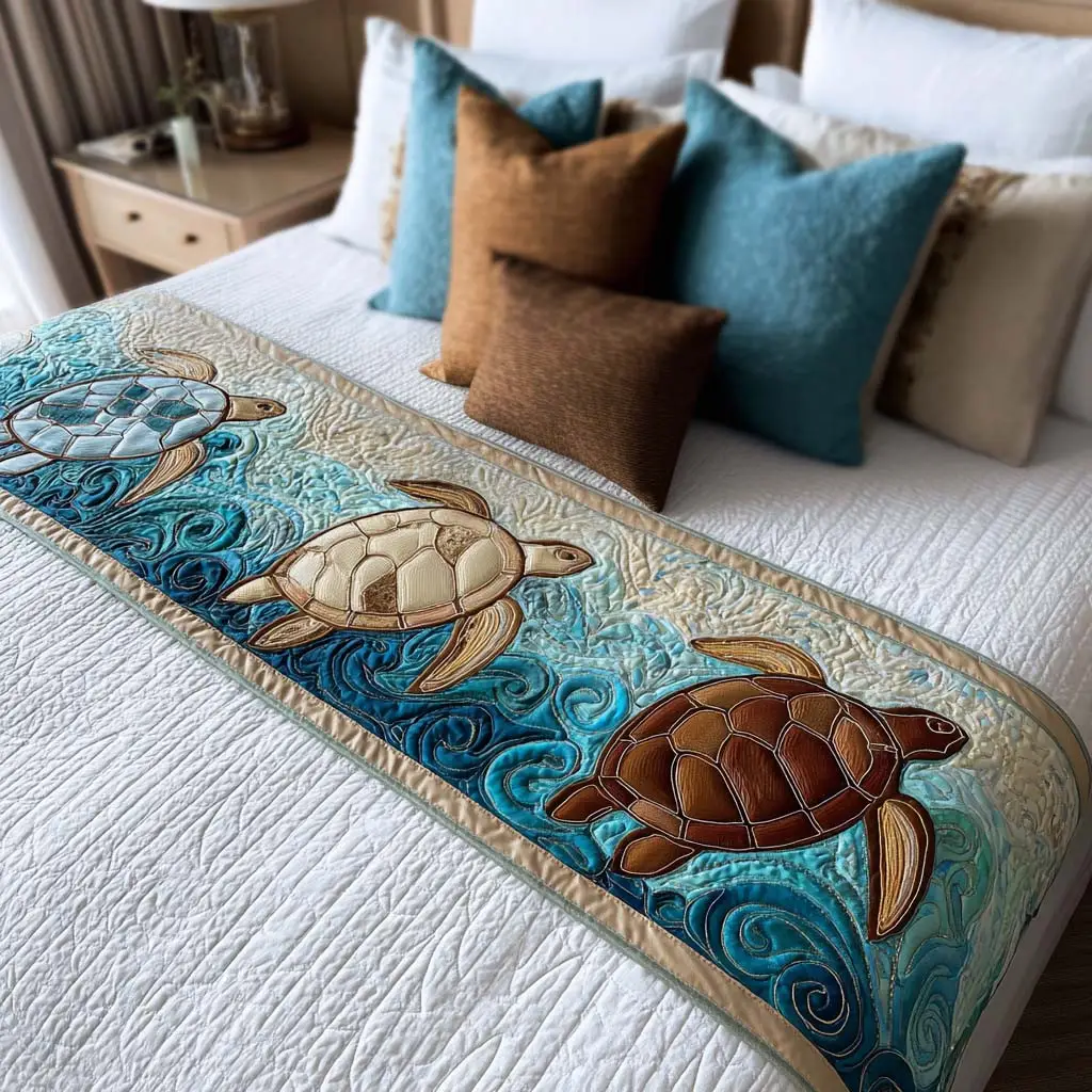 Happy Turtle Bay Quilted Bed Runner Happy Turtle Bay Coastal Gift