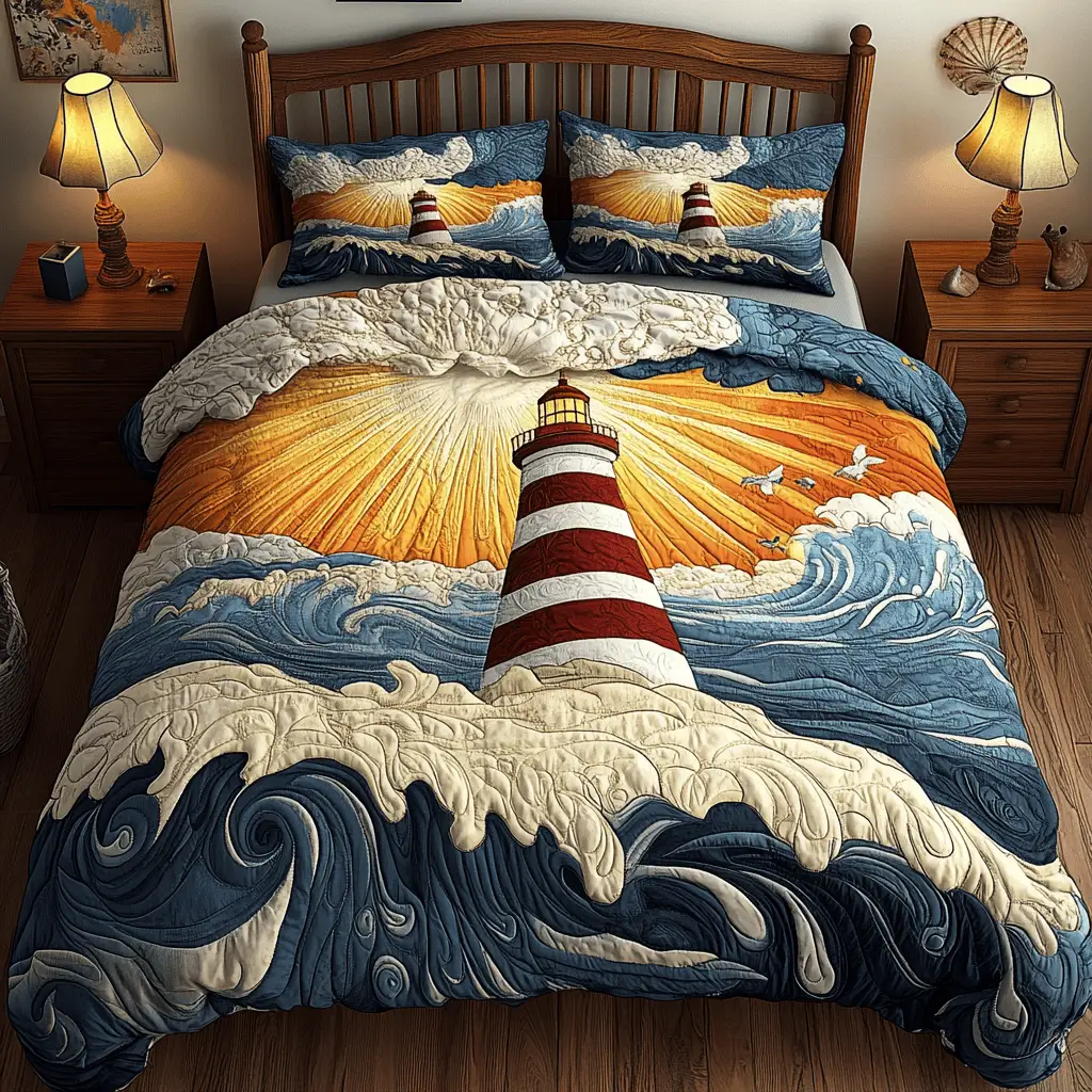Harbor Beacon Quilted Bedding Set Cozy Bedroom Decor Lighthouse Gifts For Him