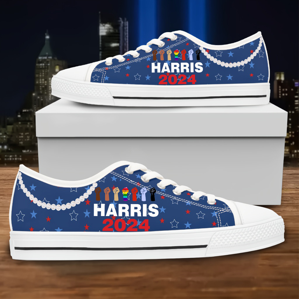 Harris 2024 For The People We Are Not Going Back Vote Blue Low Top Sneakers Kamala Harris Pearls Blue Low Top Shoes