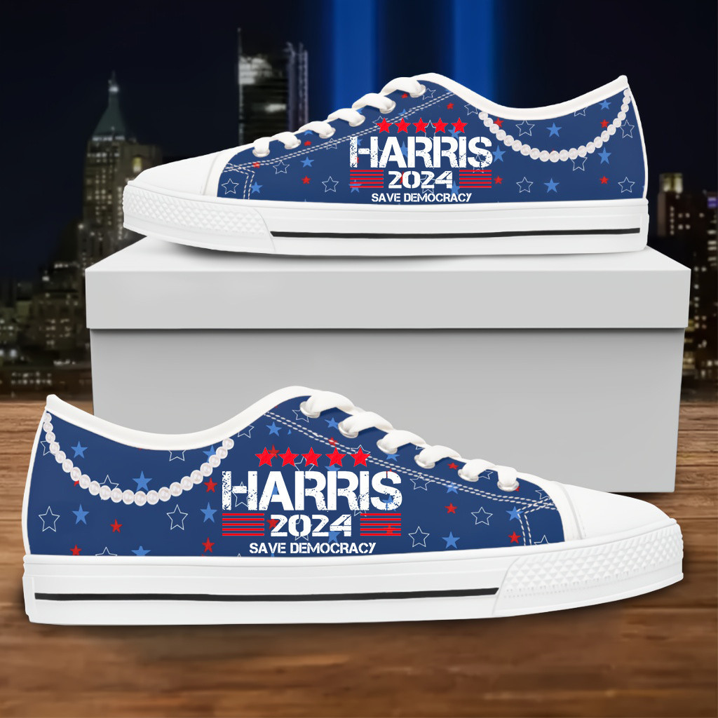 Harris 2024 Save Democracy Vote Blue Low Top Sneakers Kamala Harris Pearls Blue Low Top Shoes